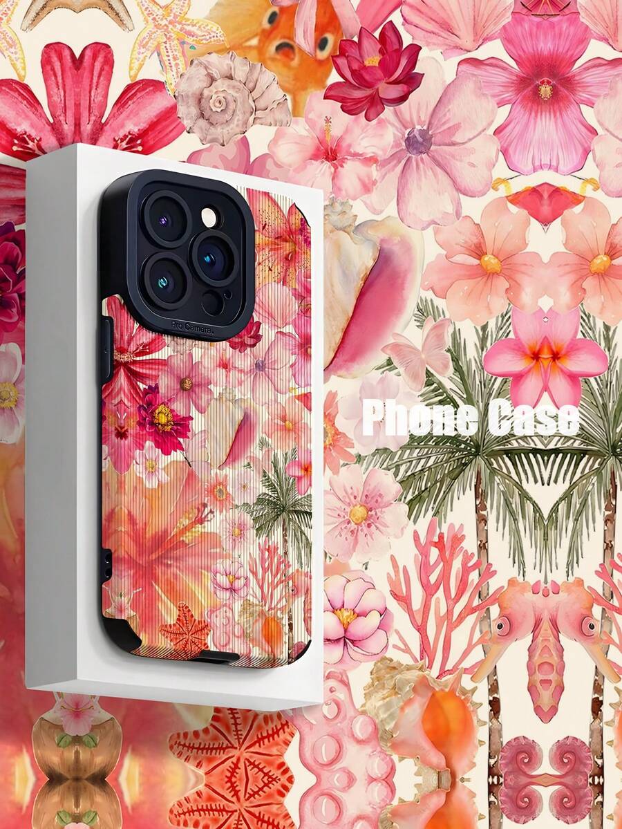 花朵 1 件粉色芙蓉花和椰子条纹仿皮防震软手机壳,适用于 Apple 和型号:16/16 PLUS/16 PRO/16 PRO MAX - 彩色 - 查看 1