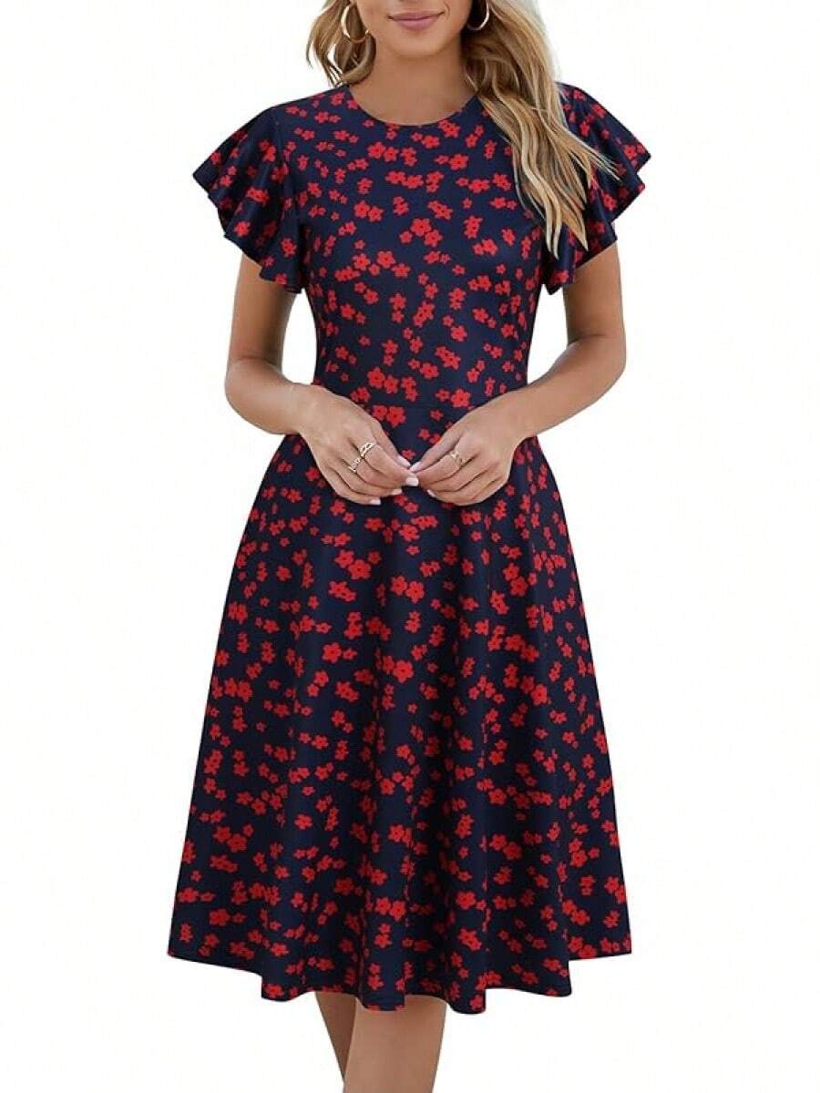 Women's Semi-Formal Ruffle Sleeve V-Back Work Fit And Flare Cocktail Knee Length Dress With Pockets, 2025 Style - 海軍紅 - 查看 1