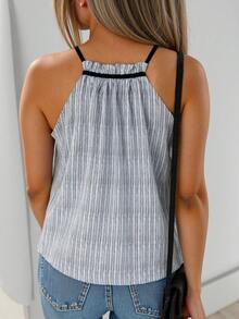 夏季女士优雅无袖系带后背上衣，条纹印花背心，优雅无袖吊带背心夏季挂脖领口上衣，女装[买家反映衣服尺码太大。建议订购小一码。] - 黑與白 - 查看 2