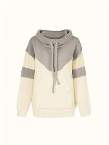 Fall/Winter Casual Patchwork Drawstring Pocket Hooded Collar Top For Women - Apricot - View 2
