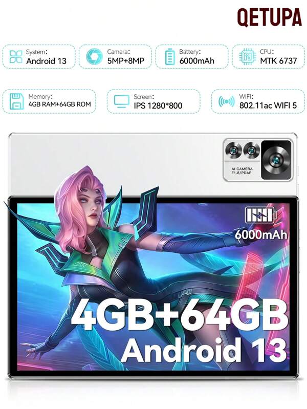 Qetupa 10.1" Android 13 Tablet,MTK 6737 Quad-Core 1.3GHZ Processor,4GB RAM+64GB ROM,HD(1280x800) IPS Touch Screen,BT 5.2&802.11ac WiFi 5,5MP Front Camera&8MP Rear Camera,6000mAh Large Battery