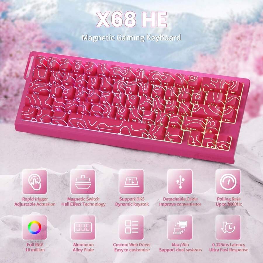 ATTACK SHARK X68 HE 60% Wired Gaming Keyboard Rapid Trigger,Actuation Point Adjustable,Magnetic Switch 8K Polling Rate,PBT Keycaps For Win,RGB Mechanical Keyboard With Coiled Cable - Màu Hồng Tươi - Xem 1