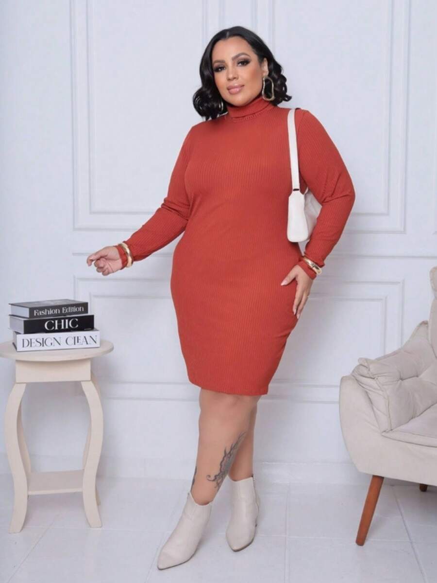 Women's Plus Size Dress Long Sleeve High Neck Elegant Premium Ribbed Fabric - Coral Pink - View 1