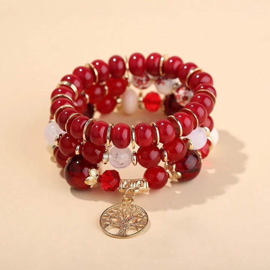 Bohemian Multicolor Glass Ceramic Beaded Life Tree Multilayer Bracelet