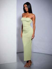 Vestiso mujer strapless largo maxi  rayas  color combinado   casual  dulce  sencillo   canalé  rib  abertura trasera caminar playa  noche de fiesta  vacaciones oficina  casa  diario  fiesta de cumpleaños  jardín  calle  concierto de música country  verano - Verde Oliva - Ver 4