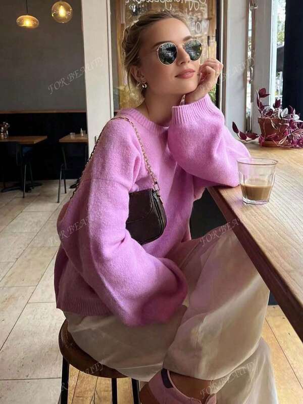 FOR BEAUTY Spring And Autumn Winter New Romantic Pink Round Neck Long Sleeve Knitted Women's Sweater, Loose, Simple, Valentine's Day Sweater, Jumpers For J Fashion Women Pullover Festival Tops