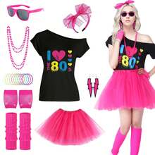 80 年代女士服装配饰套装，1980 年代化装舞会礼服，含 T 恤头带、闪电耳环、项链、手链、网眼袖子，80 年代复古主题派对角色扮演万圣节服装 - 玫紅色 - 查看 9