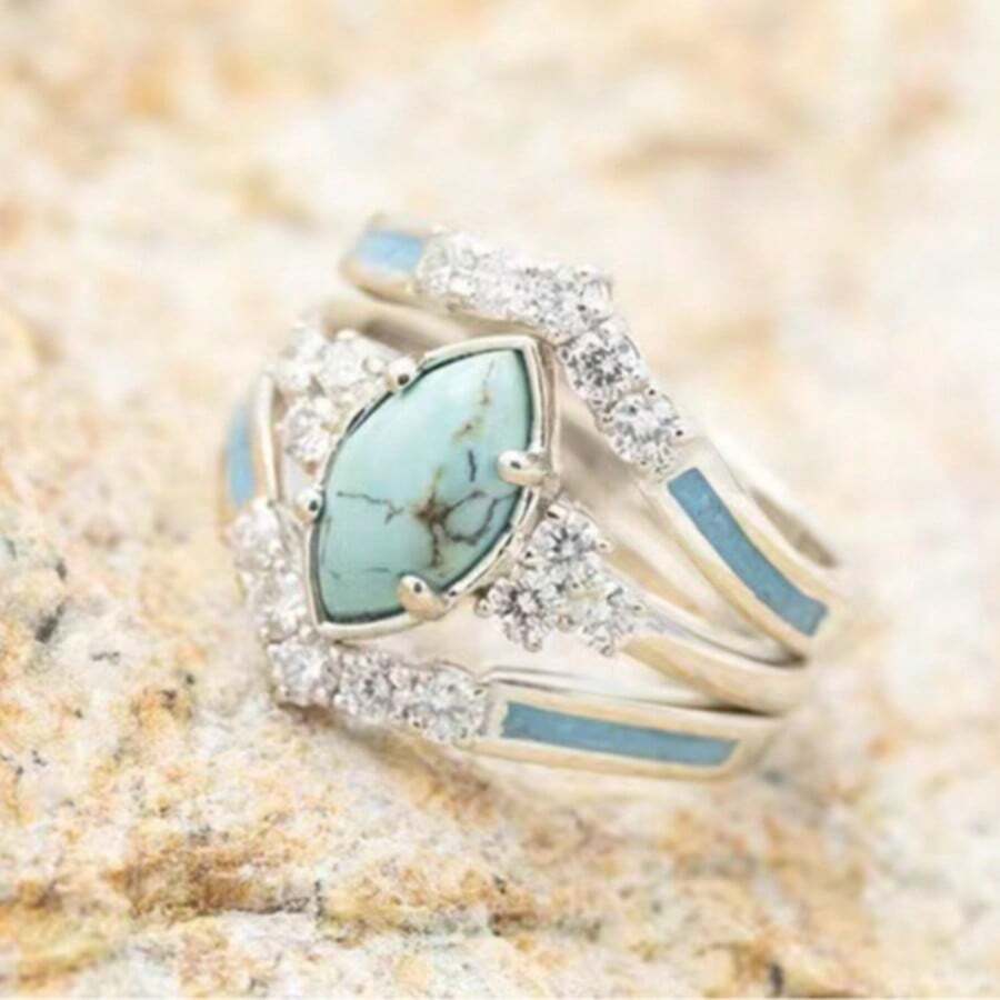 Set de regalo de 3 piezas de anillos con piedras de imitación de turquesa y rhinestones en estilo vintage bohemio para mujeres