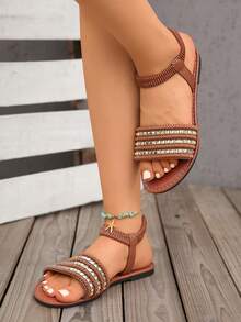 女士小众镂空编织网眼凉鞋，粗跟低跟圆头穆勒罗马闭头休闲沙滩鞋，适合户外穿着