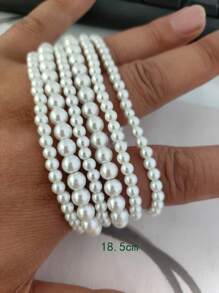 6pcs Fashionable & Charming Glass Faux Pearl Beaded Bracelets For Teenage Girls, Multi-Layer Elastic Bracelet Accessories
