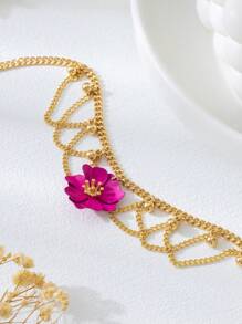 1 Stück Sommer Bohemien Vibrant Fuchsie asymmetrischer 5-Blüten Blumen Anhänger Halskette für Frauen, geeignet für Reisen, Urlaub, täglichen Outfit Tragen, Sommer Schmuck
