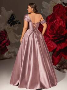 VIPGIRL Pink Sequin Satin One Shoulder Formal Dress For Women With High Slit, Elegant Plus Size Evening Gown, Long Prom Dress, Wedding Guest Dress, Luxury Party Dress, Glamorous Cocktail Dress, Dresses For Women Formal, Plus Size Gown