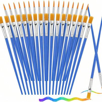 24pcs Children & Adult Paint Brush Set - Durable Nylon Bristles, Artist Brushes For Acrylic/Oil/Watercolor Painting On Canvas, Face, Nail Art - Assorted Flat And Round Tips (Bulk Art Supplies)