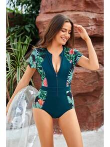 Traje de baño de una pieza para mujer GRACE KARIN con protección UV, manga corta, cierre frontal y cuello redondo - Verde - Ver 2