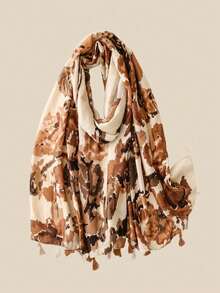 1 件印花围巾新款女士真丝围巾保暖披肩春夏防晒沙滩披肩情侣礼物时尚头巾，百搭长围巾 - 棕色 - 查看 1