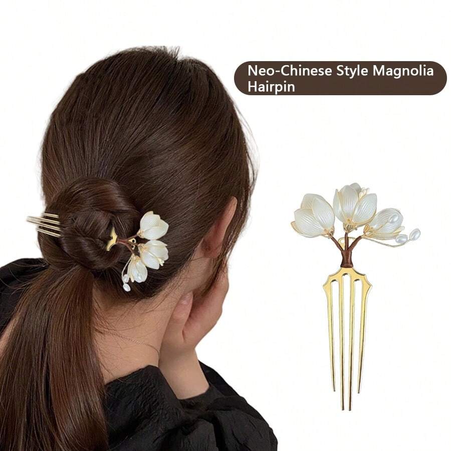 1 件新中式白茉莉花和仿珍珠 U 形发夹，适合旗袍、汉服、传统日常发型，手工制作复古优雅时尚多功能发饰、发饰、发夹、发髻延长器、发髻制作器、发髻发片、发型夹