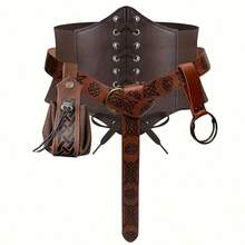 Disfraz medieval renacentista vikingo de 4 piezas, que incluye protector de cintura de PU, cinturón, bolsa con cordón y clip, accesorios para actuaciones en el escenario, disfraz de fiesta de graduación, conjunto de cosplay de Halloween - Multicolor - Ver 9