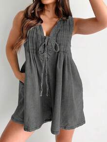 Women Summer Casual V Neck Denim Romper Dress Sleeveless Jean Overall Short Jumpsuit With Pocket - 灰色 - 查看 5