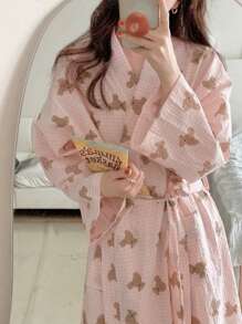 1pc Women Bathrobe, Lightweight Quick Dry Coral Fleece Absorbent Soft Bath Robe, Suitable For Sauna, Beach, Pool, Bathroom