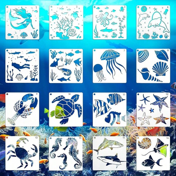 Set da 8 pezzi Modello da disegno forato a tema marino, modello di pattern disegnato a mano, strumento ausiliario per copiatura di graffiti, set di forniture per la pittura, forniture scolastiche, articoli per il ritorno a scuola