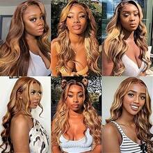 13x6 高清蕾丝前假发 P4/27 挑染波浪蕾丝前假发，混合真人发质，预拔婴儿发，200% 密度渐变棕色和蜂蜜金色混合真人发质假发，适合，24 英寸可拉直并重新造型，如同您自己的头发