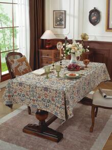 1pc Elegant Floral Printed Square Tablecloth, Rectangular Shape, Vintage & Sophisticated, Suitable For Wedding, Spring/Summer, Afternoon Tea, Kitchen Gathering Decoration