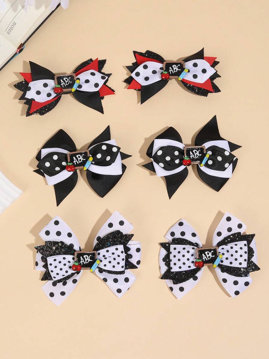 2 件/包 返校波点蝴蝶结、ABC 黑板树脂发饰、女孩蝴蝶结发夹 - 彩色 - 查看 1