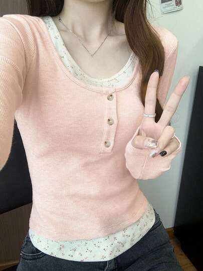 Minimalist Sexy Mock 2 Pieces T-Shirt Women, Fitted Long Sleeve Crop Top For Layering, Autumn/Winter