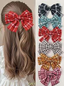 1pc Girls' Cute British Style Plaid Bow Spring Hair Clip Accessory