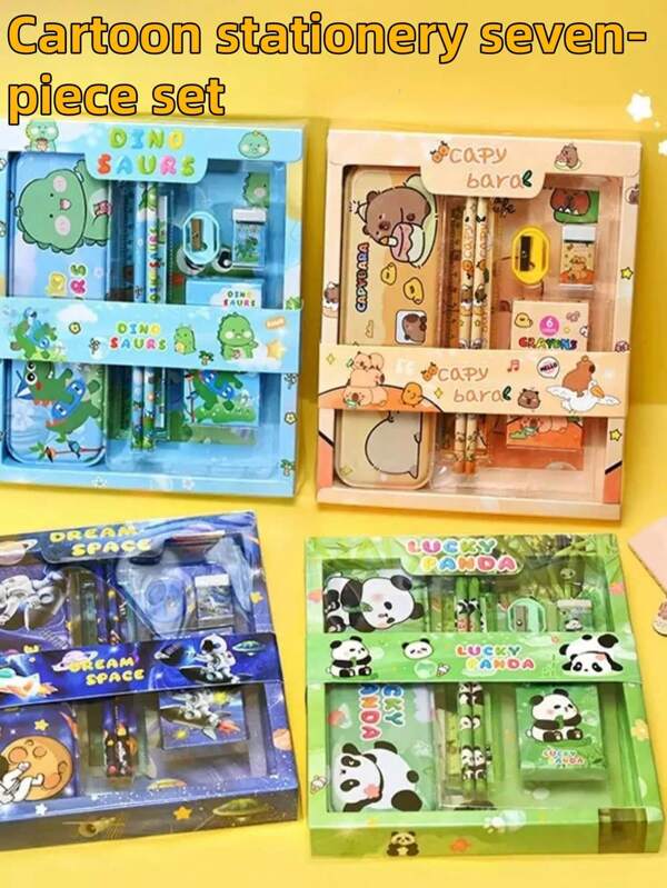 1pc Cute Capybara Stationery Set, 7pcs/Set (1 Pencil Case, 2 Pencils, 1 Pencil Sharpener, 1 Eraser, 1 Crayon Box, 1 Ruler), High Aesthetic Creative Student Stationery Supplies Set, Panda Stationery Set, Drawing Kit, Office Signature Supplies, Cartoon Student Stationery Set, Suitable For Writing And Signing