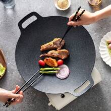 1PC Black Round Cast Iron Roasting Pan, Outdoor Camping Portable Barbecue Wok, Stove, Gas, Induction, Korean Style, Non-Stick, Fast Heat Transfer, No Power Supply