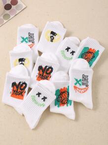 10pairs Random Black-And-White Teenagers Boy's Street Style Casual Sporty Graffiti Mid-Calf Socks