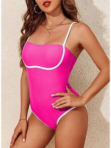 Women Seamless Summer Bathing Suit Color Block Trims Sporty Spaghetti Strap Beachwear, 2025 Style - 玫紅色 - 查看 2