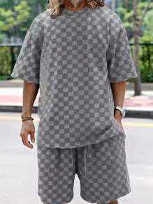 2025 Summer New Men's Set Japanese And Korean Style Jacquard Loose Casual Short-Sleeved T-Shirt Shorts Two-Piece Men's Clothing   All Over Print    Summer    Loose    Drawstring  Pocket