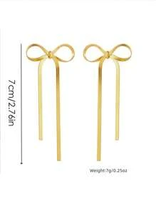 1 Pair European & American Fashion Minimalist Bowknot Long Chain Earrings, Niche Design Suitable For Women's Daily Or Party Wear