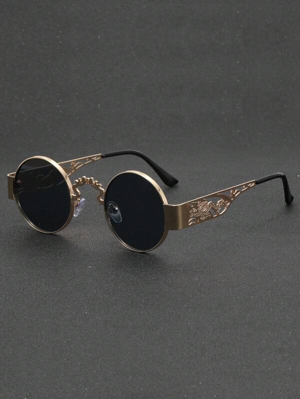1 Pair Ocean Color Punk Hollow-Out Metal Frame Round Fashion Glasses, Fashionable For Outdoor