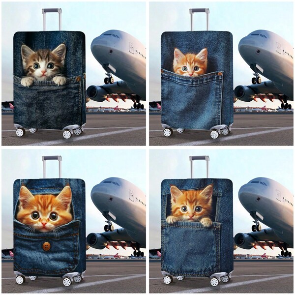 1PC Cute - Style Luggage Protective Cover. Displays Kittens Peeking Out Of Denim - Styled Pockets. Suitable For All Seasons. Multiple Sizes Available To Fit Different Suitcases, Perfect For Cat Lovers And Travelers.