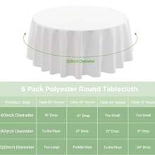 6 Pack White Round Tablecloths For 4FT / 6FT / 8FT Tables – 60", 90", 120" Polyester Round Table Cloths, Stain & Wrinkle Resistant, Washable Fabric Table Covers For Wedding, Party, Dining, Banquet & Event Decor - trắng - Xem 2