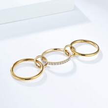 Set de 3 anillos de mujer de moda: Anillo de cobre incrustado con circonita cúbica, anillo de banda lisa de acero inoxidable, y anillos apilables chapados en oro de 14K, adecuados para uso diario, fiestas y como regalo