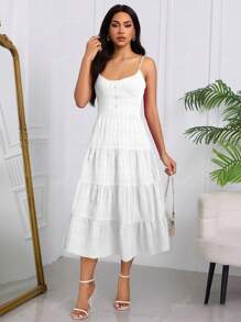 Elegant Vestido Larga Con Volantes Para Mujer,De Estilo Casual Francés,Vestido De Tirantes Con Diseño Fruncido Y Botones