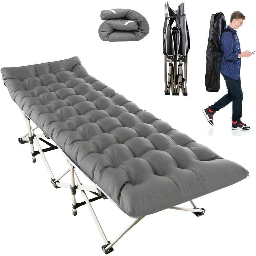 Folding Camping Cot For Adults Portable Camping Bed Cot With Mattress & Carry Bag Heavy Duty Padded Sleeping Cots For Home Office Nap Outdoor Camping Travel Max Load 440LBS, Grey