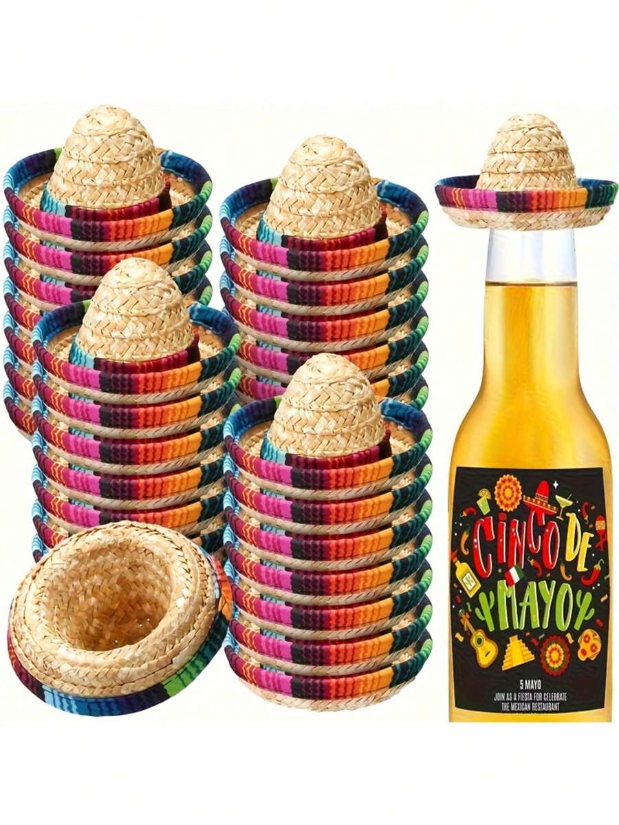 2/1pc Mexican Style Mini Party Hats - Colorful Imitation Straw Sombreros With Intricate Patterns, Machine Decor For Wine Bottles, Small Pets, Party Table & Festive Celebrations, Mexican Party Decorations, Wine Bottle Decor, Vibrant Pattern Design, Woven Texture Finish, Durable Material, Event Planners