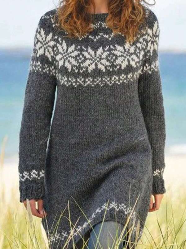 Plus Size Geometric Pattern Knitted Sweater, Round Neck Casual Plus Size Women Pullover, European Style, Autumn/Winter