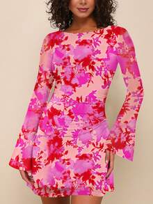 Women' Tie Dye Print Ruched Mini Slim Dress Mesh Long Sleeve Club Party Cocktail Dresses , Fall Winter Clothes Dress Streetwear Going Out - 粉色 - 查看 1