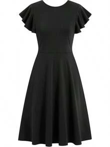 Women's Semi-Formal Ruffle Sleeve V-Back Work Fit And Flare Cocktail Knee Length Dress With Pockets, 2025 Style - 黑色 - 查看 4