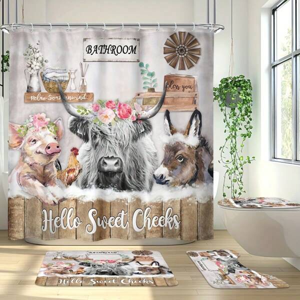 1 Set/4 Pcs - Highland Cow Shower Curtain Set, Includes Waterproof Shower Curtain And 12 Plastic Hooks, Anti-Slip Bath Mat, U-Shaped Toilet Mat, Lid Cover, Funny Rustic Farmyard Western Animal Donkey Chicken Pig Wooden Board Bathroom Decor, All Seasons Back To School