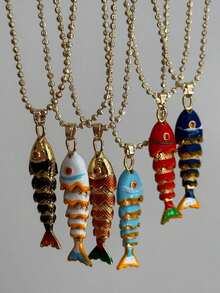 1 件彩色波西米亚风格手工串珠鱼吊坠不锈钢项链，DIY 精致百搭夏季珠宝，Y2K 个性化海洋风格女士珠宝 - 彩色 - 查看 1
