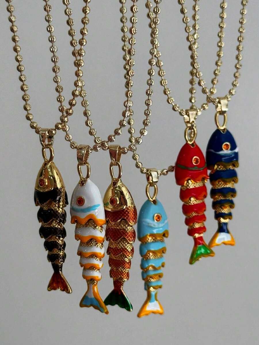 1 件彩色波西米亚风格手工串珠鱼吊坠不锈钢项链，DIY 精致百搭夏季珠宝，Y2K 个性化海洋风格女士珠宝 - 彩色 - 查看 1