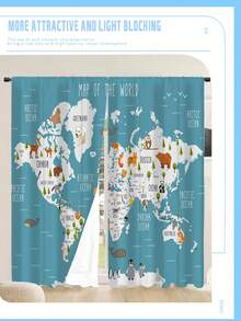 2 Panels Interactive Kids World Map Curtains - Colorful Continent Learning Drapes With Animal Icons, Nursery Decor - Multicolor - View 4