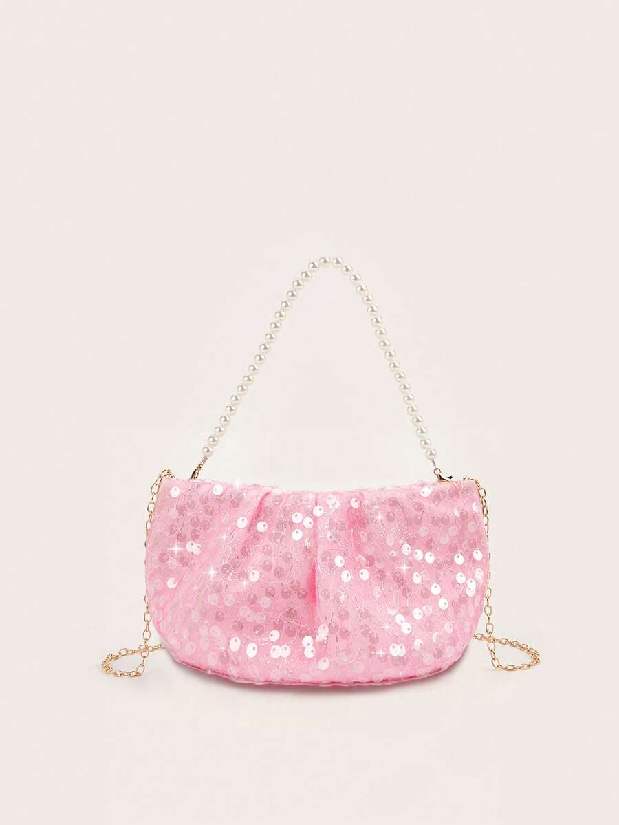 1pc Pleated Sequin Small Crossbody Chain Bag, Fashion Versatile Half-Circle Shoulder Bag - Handbag - View 1